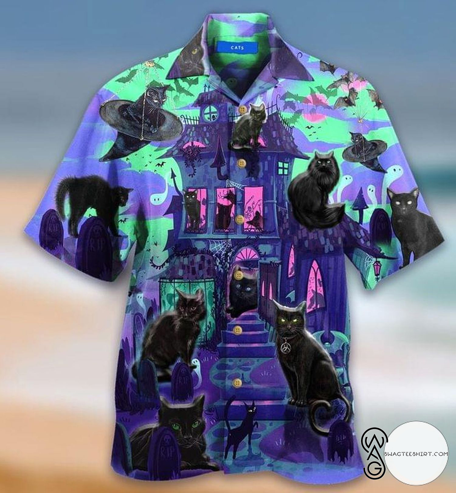 [Top Trending] Black Cats In A Haunted House Halloween Casual Beach Full Printing Hawaiian Shirt